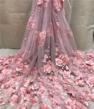 

2018 Free Shipping Red French 3D Flower Lace Fabric With Beades High Quality African Tulle Lace Fabric For Wedding