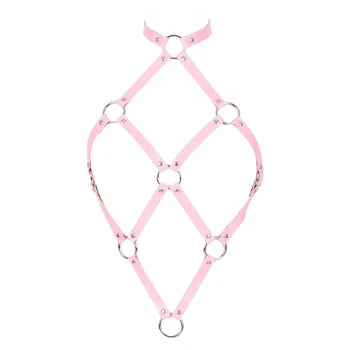 

Pink Leather Sexy Body Harness Bra Female Crop Top Stockings Garter Belts Tassel Lingerie Punk Boho Adjustable Festival Rave