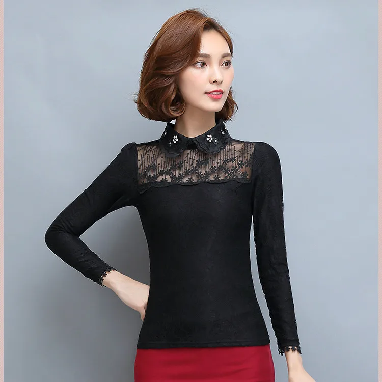  Women Embroidery Lace blouses Female Long Sleeve Korean Doll Collar Bottom Shirt Turn-down Collar T