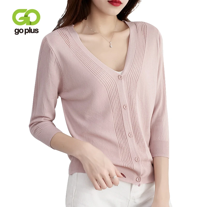 

GOPLUS 5 Colors Summer knitted Cardigans Womens Casual Pink V-Neck Single Breasted Three Quarter Sweater Coat Womens Outwears