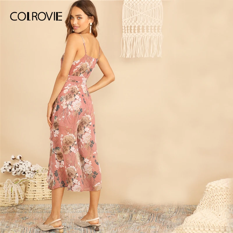 COLROVIE розовый комбинезон с v-образным вырезом и рюшами, с поясом, Boho Cami, женский комбинезон, летний праздничный комбинезон с широкими штанинами для девушек