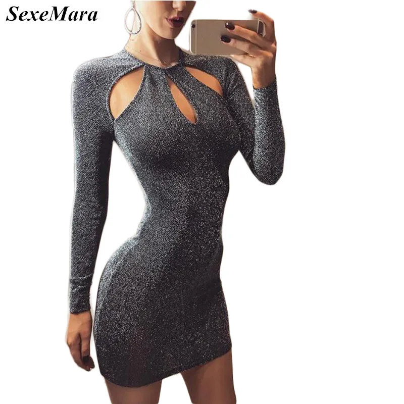 New Ladies Sexy O Neck Glitter Fabric Sliver Slim Fit Curvy Tight