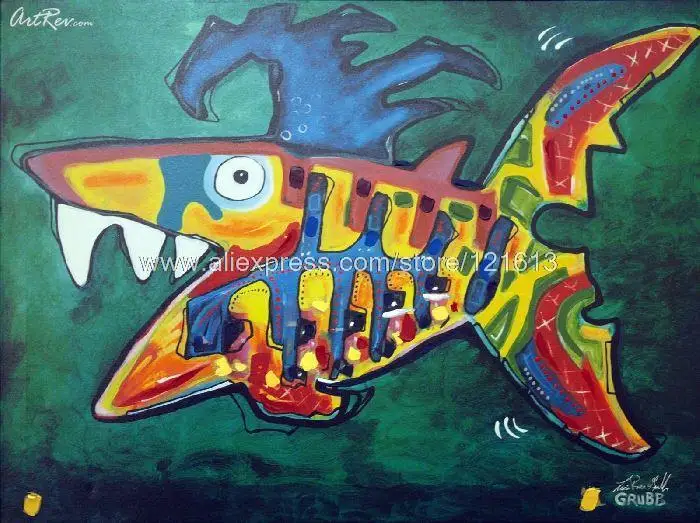 Lisa Grubb Green Fish Hand Embellished Gic On Canvas Hand Painted