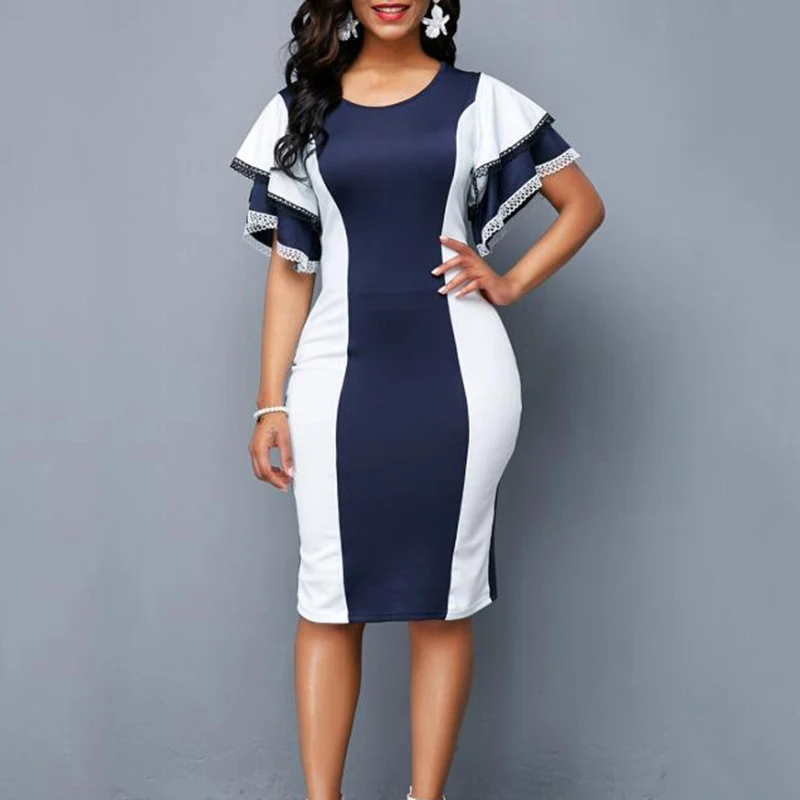 

Ladies business dresses Body-con color Block Knee Length Dress Evening Party ruffles slim office hips-wrapped Dress work women