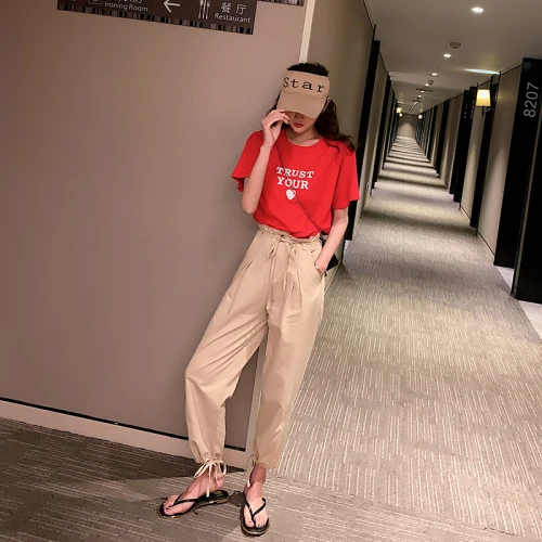 

New Vintage 2019 Koren Fashion Suit Women Casual Brief Loose 2 Pcs Set Red Letter High Waist Conjunto Feminino