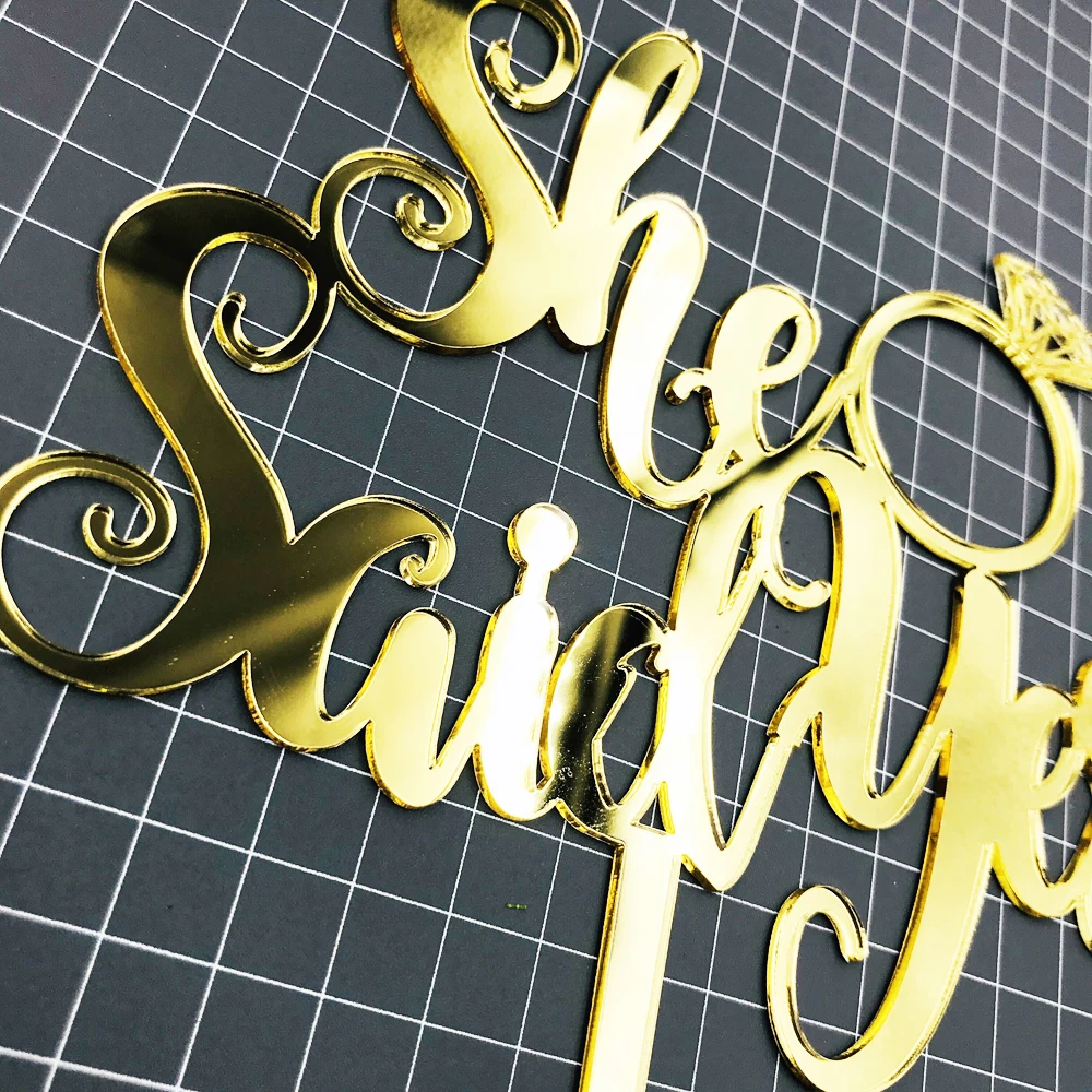 Mirror Gold Acrylic with She Said Yes  Engagement Ring Wedding Cake Topper Silhouette Wedding Decoration Cake Accessorry2