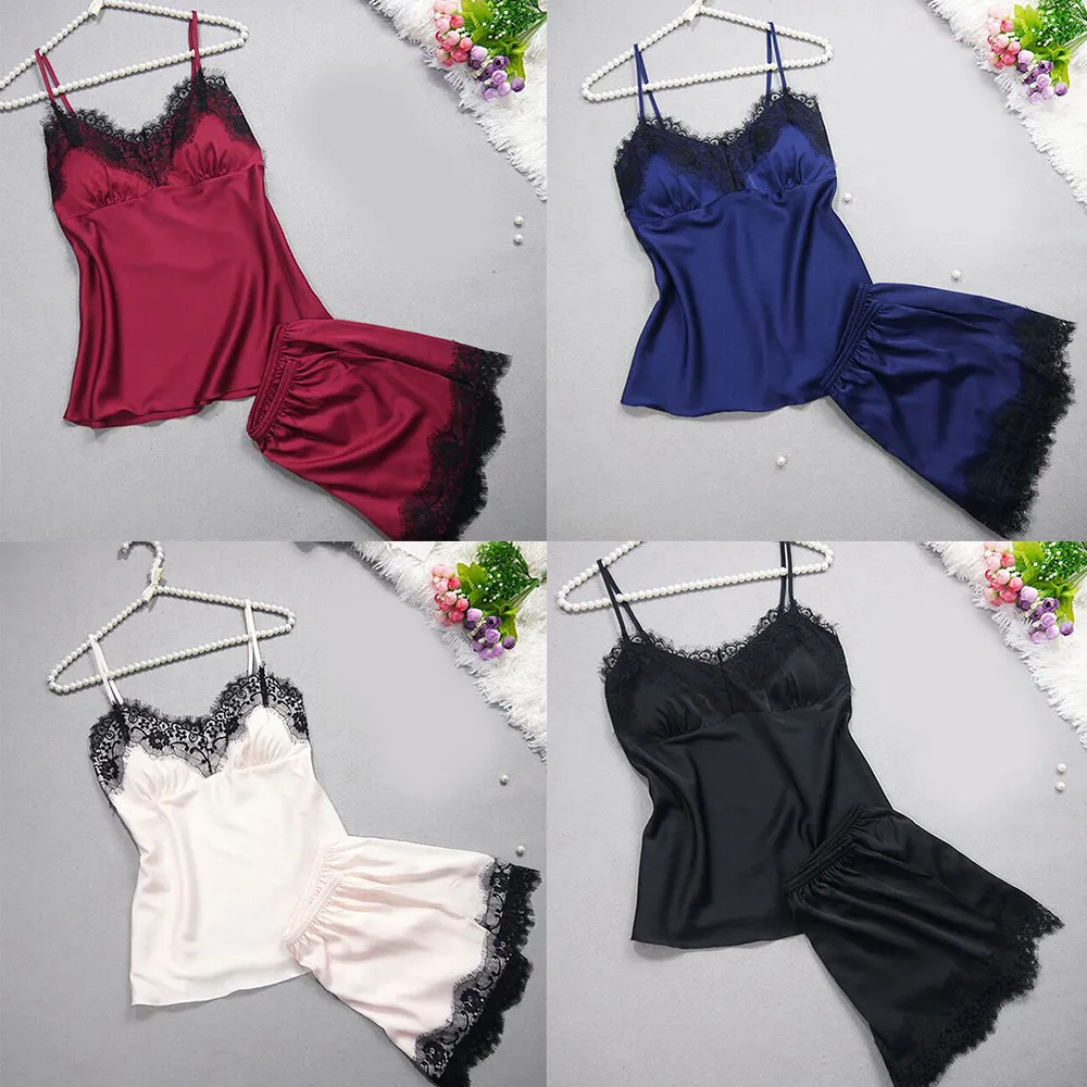 

YOUYEDIAN Women Sleepwear Sleeveless Strap Nightwear Lace Trim Satin Cami Top Pajama Sets NightGowns Sleepwear #w35