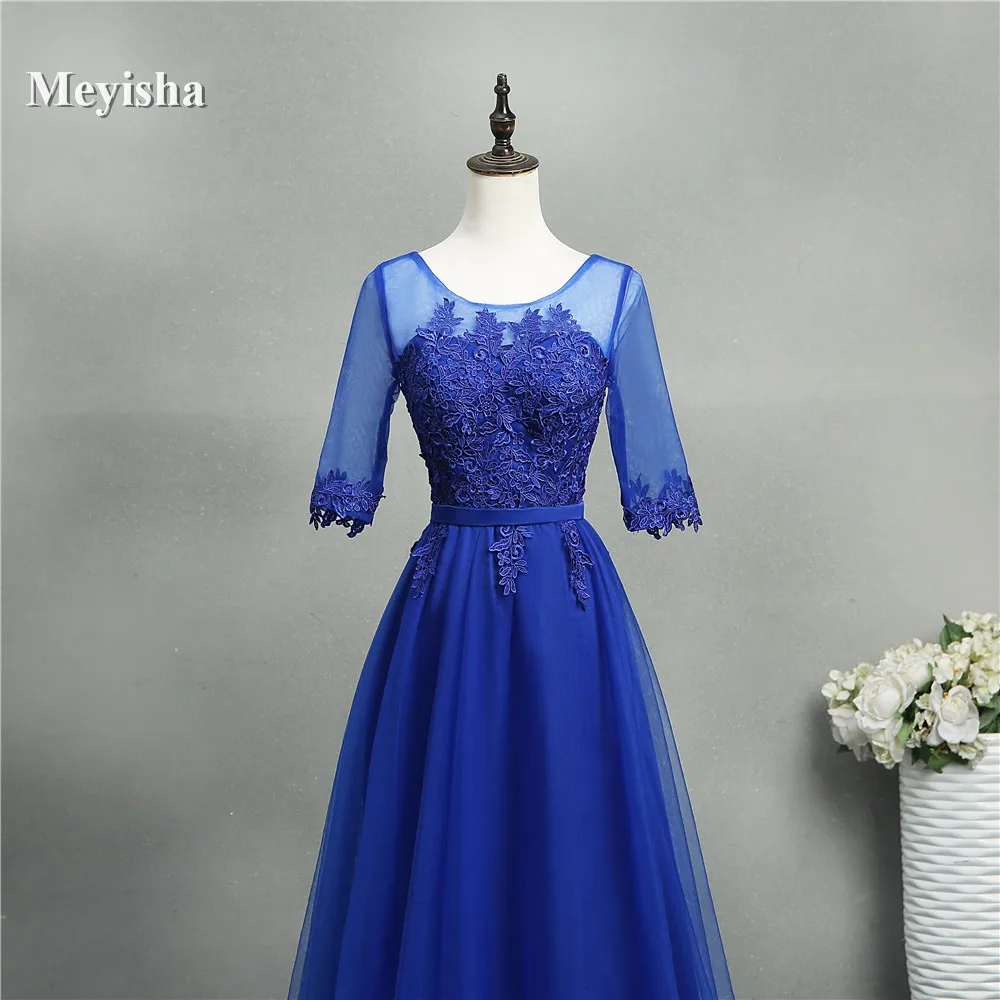 ZJ7031 сексуальные средние рукава Кружева Длинные королевские синие платья на выпускной Формальное вечернее платье для выпускного вечера плюс размер клиента