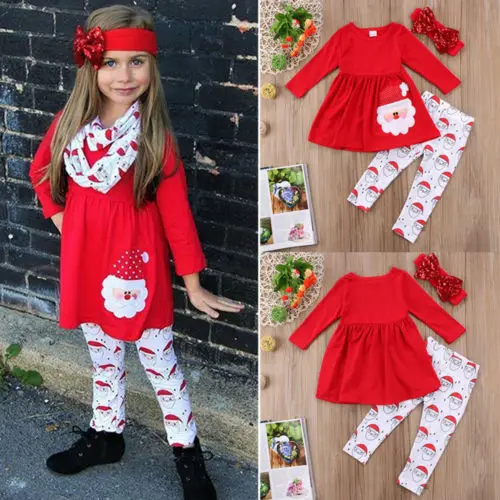 US Christmas Kids Santa Baby Girls Outfits Clothes T shirt Tops Dress