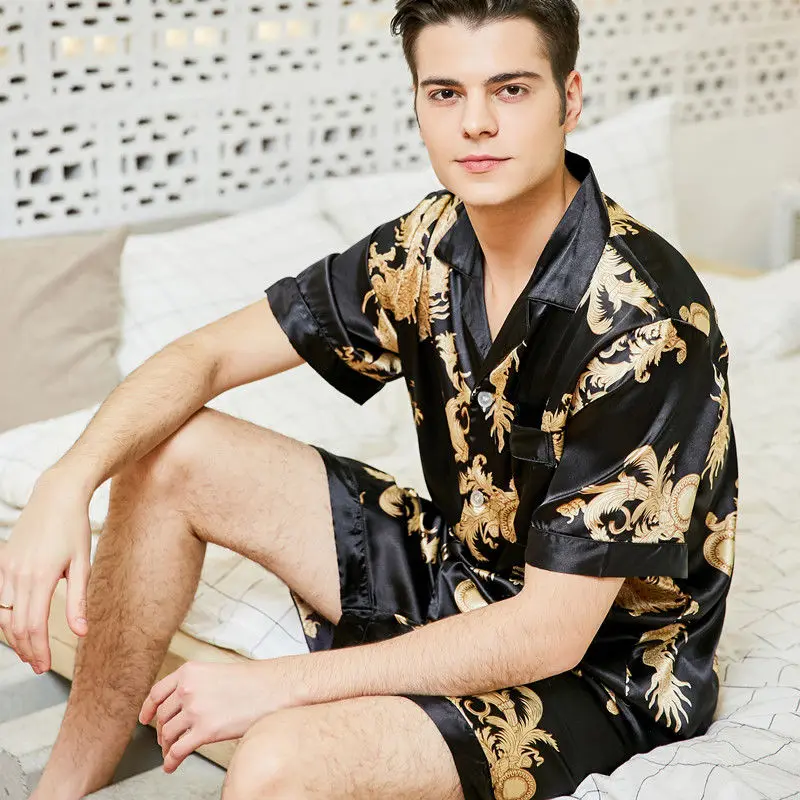 Шелк Для мужчин пижамный комплект с длинными рукавами(рубашка с карманом и штаны с вышивкой из искусственного шёлка с летним принтом пижамный комплект 2 шт./компл. Модные мужские домашняя одежда