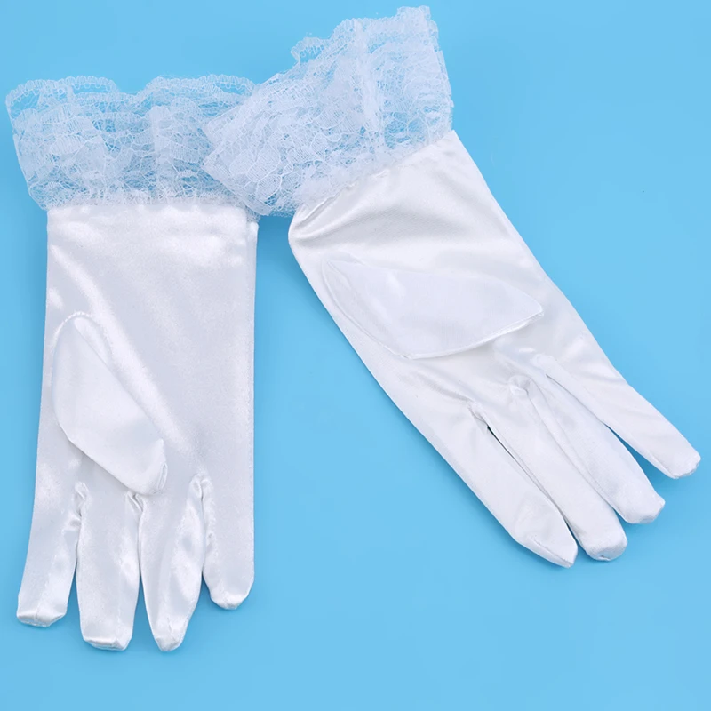Белые перчатки для девочек, модные короткие Сатиновые перчатки с цветочным узором и кружевным бантом для девочек, перчатки для выступлений, Вечерние перчатки для девочек