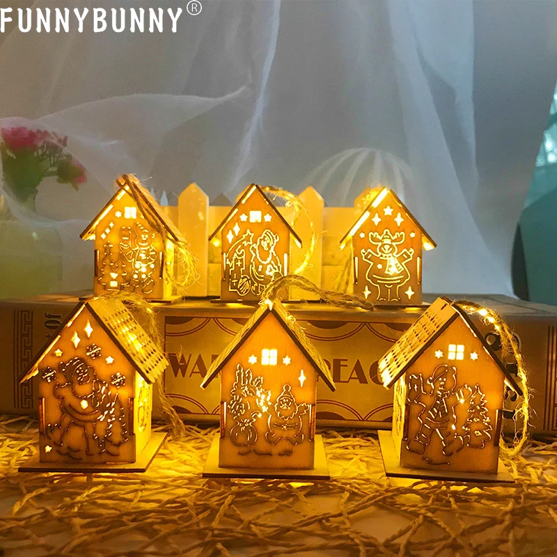 

FUNNYBUNNY Glowing Christmas Cabin Wooden Christmas Tree Pendant LED Lights Birthday Gifts Christmas Supplies Small House