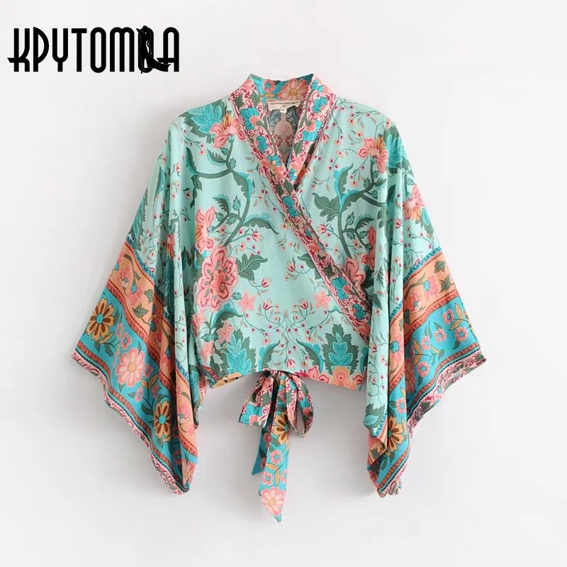 Najtaniej Boho Vintage Peacock Kwiatowy Print Kr oacute;tkie Kimono Kobiety 2018 Nowy moda Muszka Batwing Rękaw V Neck Bluzka Casual Blusa Mujer