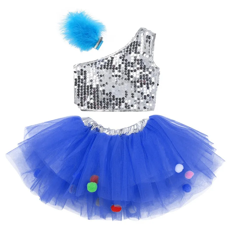3 предмета), Детский комплект для девочек платье на одно плечо короткий топ с блестками с сеткой юбка-пачка заколки для волос для балерины, джаз балетные балетный зал для танцев