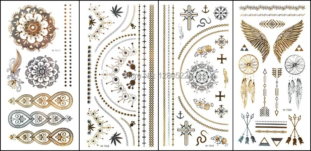 

4 Sheets Multi-models Temporary Flash Gold Tattoo Arrow Butterfly Metallic Tattoo Luxury Body Art Beach Tattoos 24 Models