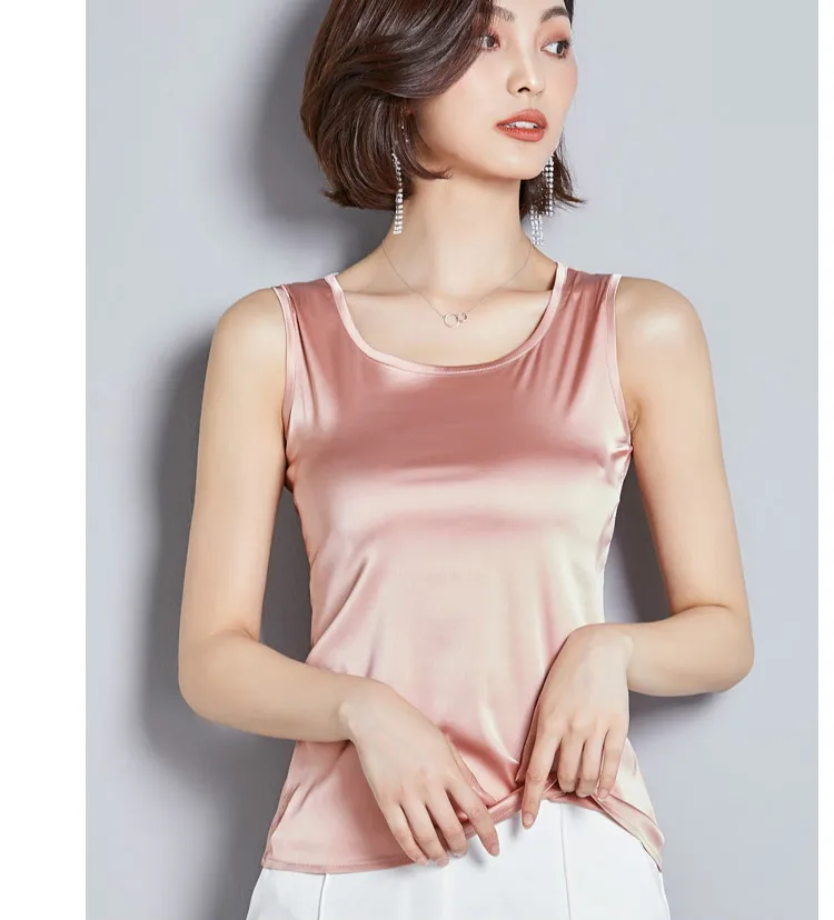 2019 Summer Sleeveless O Neck Satin Tanks Tops Women OL Satin Camis