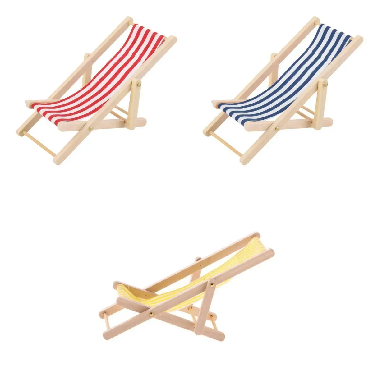 3pcs 1/12 Dolls House Miniature Stripe Wooden Lounge Beach Lawn Chair