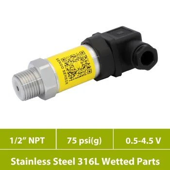 

IP65 pressure sensor, 5V supply, 0.5v to 4.5v signal, 0 75psi range, 1 2 in npt male thread, stainless steel 316L wetted parts