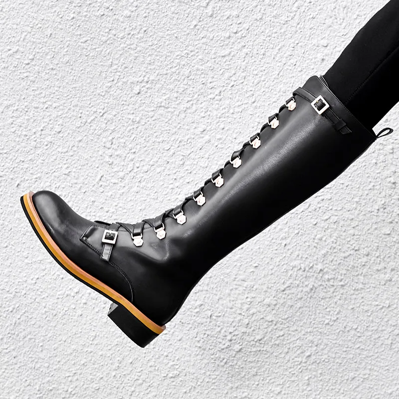 Nouvelle 2018 Punk Mode Cuir Genou Zipper Liée Noir Chaussures Femme Véritable Croix Arrivée Bottes Haute De Morazora Automne Femmes En ONnk8X0wP