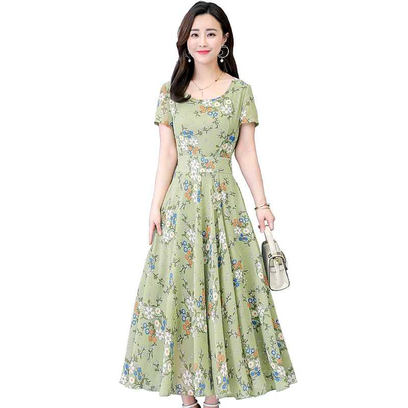 Plus size Women Dress 2019 summer Short sleeve Floral Print Vintage Chiffon European Style Slim Waist A Line pleated long Dresse | Женская