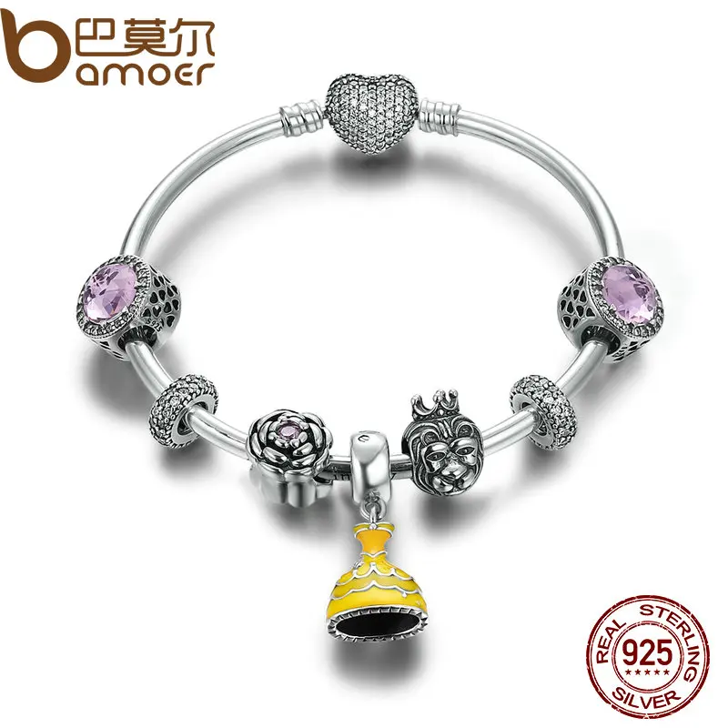 

BAMOER Authentic 925 Sterling Silver Belle's Yellow Dress Beauty and the Beast Bangles & Bracelet DIY Silver Jewelry PSB008