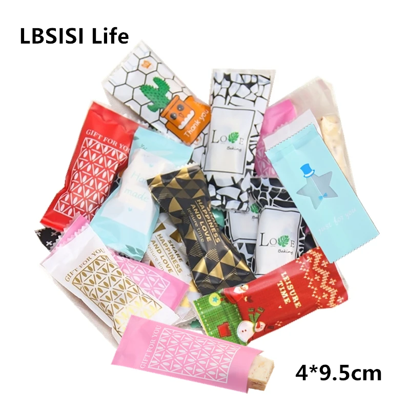 LBSISI Life 200Pcs Nougat Sugar Plastic Bags Peanut Candy Wrappers Handmade Candy Wrapping Bakery Decoration Packaging 4*9.5cm