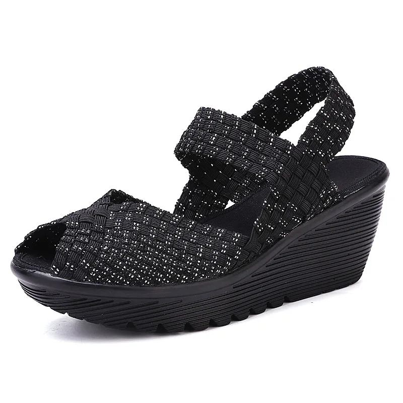 black 3 EOFK/женские босоножки; обувь на танкетке; женская повседневная Летняя модная тканая разноцветная женская обувь на платформе с открытым носком ручной работы - Цвет: black 3