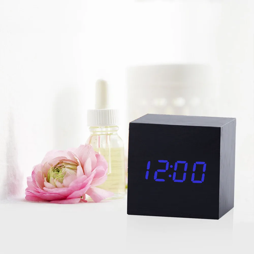 Многоцветные деревянные часы с управлением звуками, современный деревянный цифровой светодиодный Настольный будильник с термометром, таймер, календарь, настольный декор 314Z