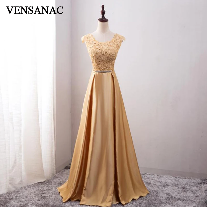 VENSANAC 2018 A Line O Neck Crystals Sash Long Evening Dresses Elegant Bow Tank Lace Embroidery Party Prom Gowns