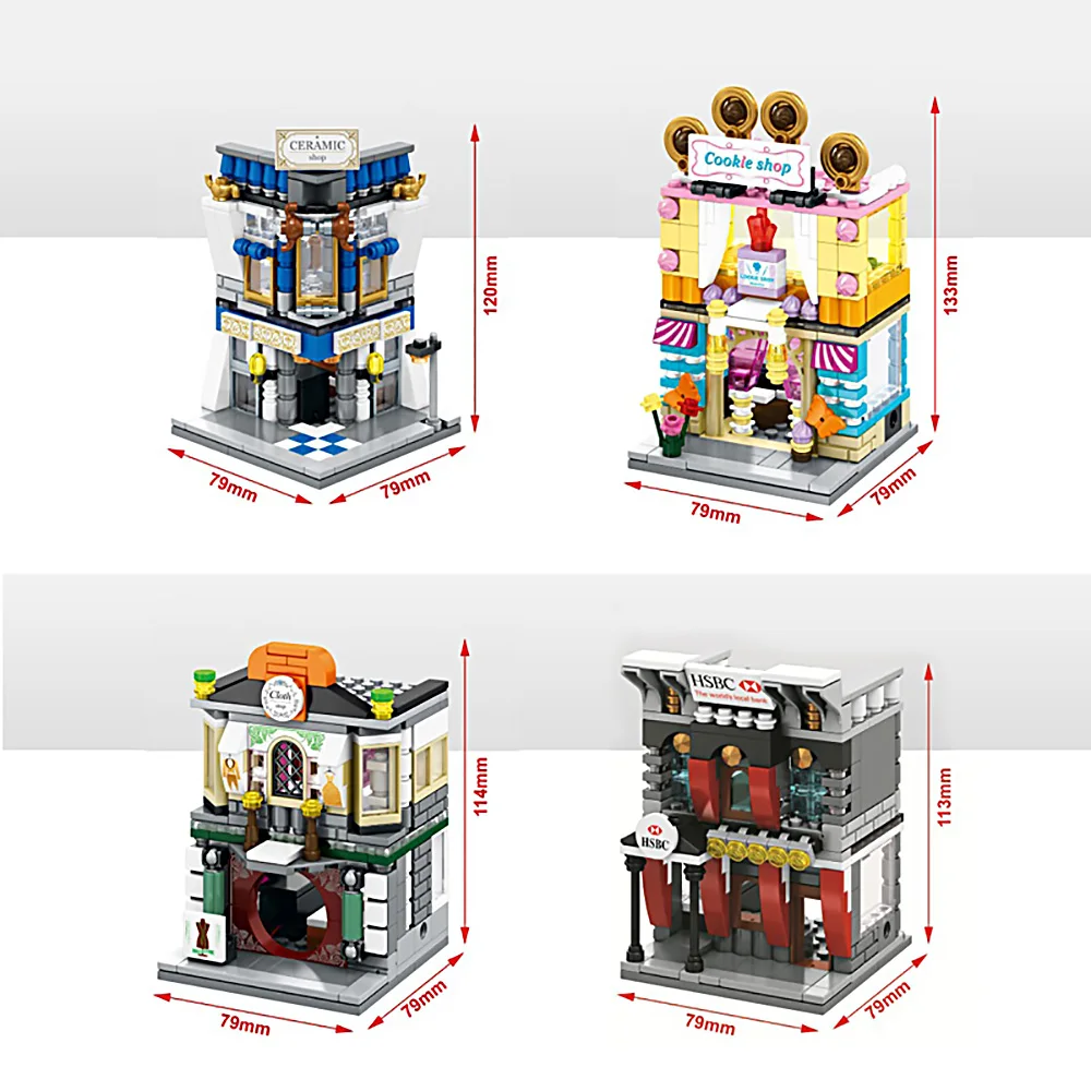 

4pcs/Set Mini Street View Building Bricks Blocks City Toys Cloth Cookies Ceramics Shop Bank Compatible With Legoe City Kids Gift