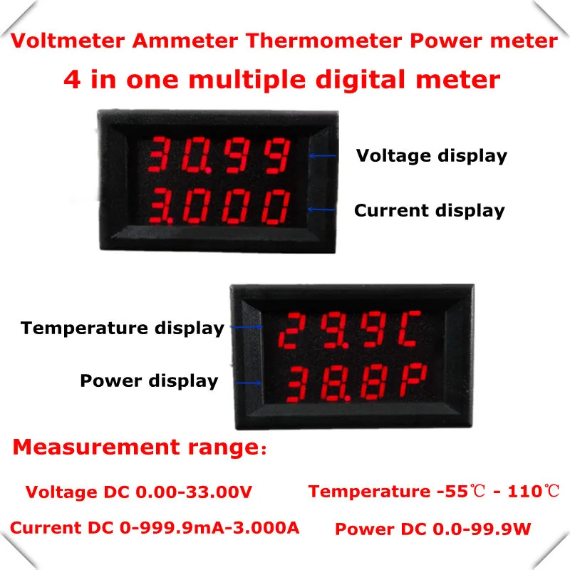 RD двойной 4 в 1 Цифровой термометр 18b20 измеритель мощности амперметр вольтметр напряжение температура 4 бит DC 0-33,0 в/3A 4 шт./партия