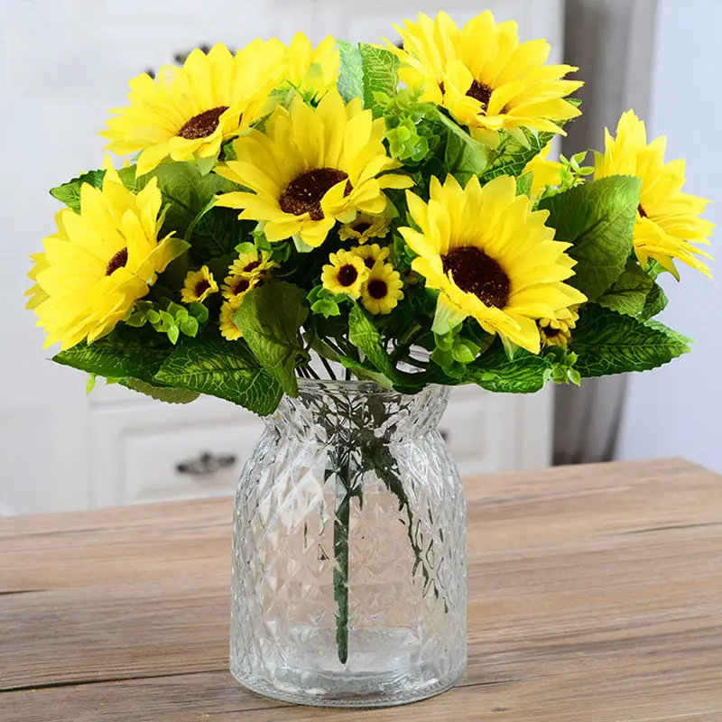 7 Heads Artificial Flower Fake Flores Bouquet Plastic Sunflower DIY Craft &