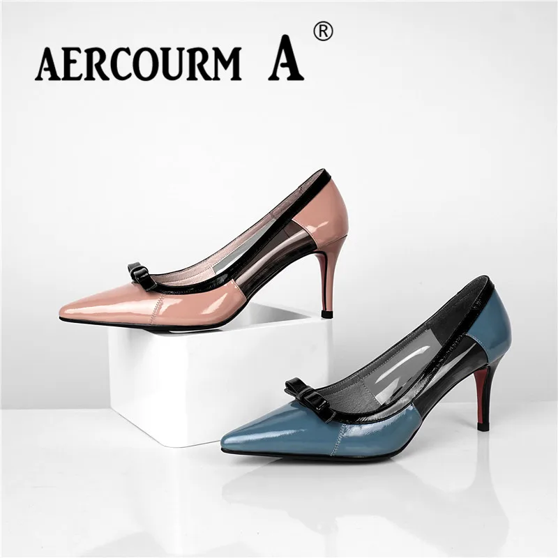Aercourm A/ женские туфли-лодочки розового и черного цвета, женские туфли из натуральной кожи, туфли-лодочки на тонком высоком каблуке, новые весенние туфли смешанных цветов с сеткой