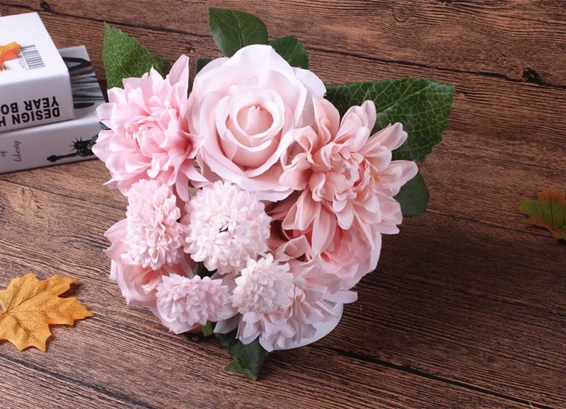 Silk flower wedding bouquet roses dahlias Artificial flowers fall vivid fake leaf wedding flower bridal bouquets decoration (8)_