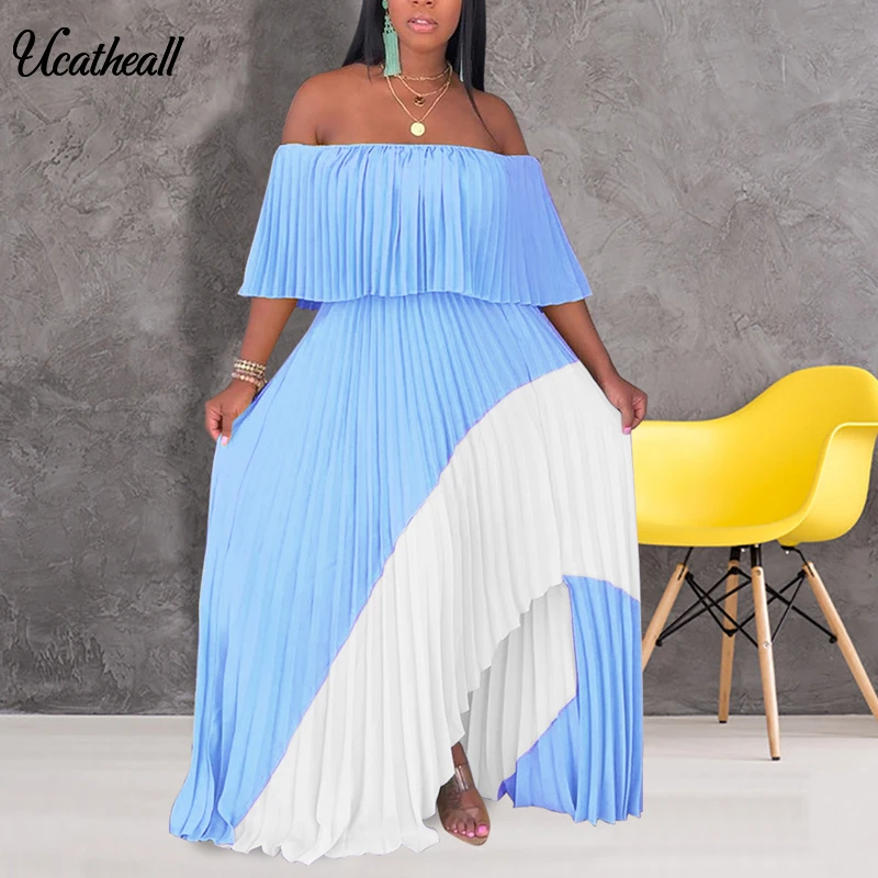 

Women Beach Chiffon Off Shoulder Pleated Dress Sexy Boho Long Dresses Elegant Loose Holiday Dress Female