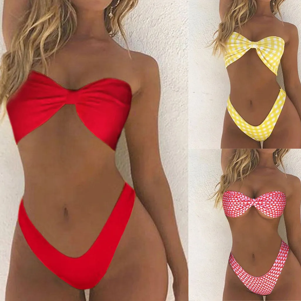 

Bikinis 2019 Mujer Women Print Tube up Two Pieces Bikini Push-Up Swimsuit Swimwear Beachwear Maillot De Bain Femme Bathing Suit