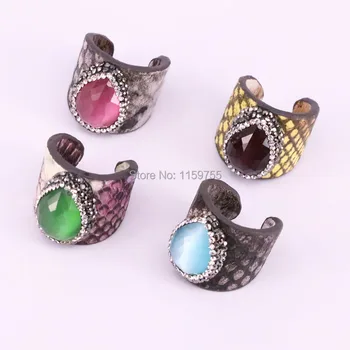 

10Pcs Faceted Natural cat eye stone rings handcrafted mix color leather fashion adjustable open rings for women