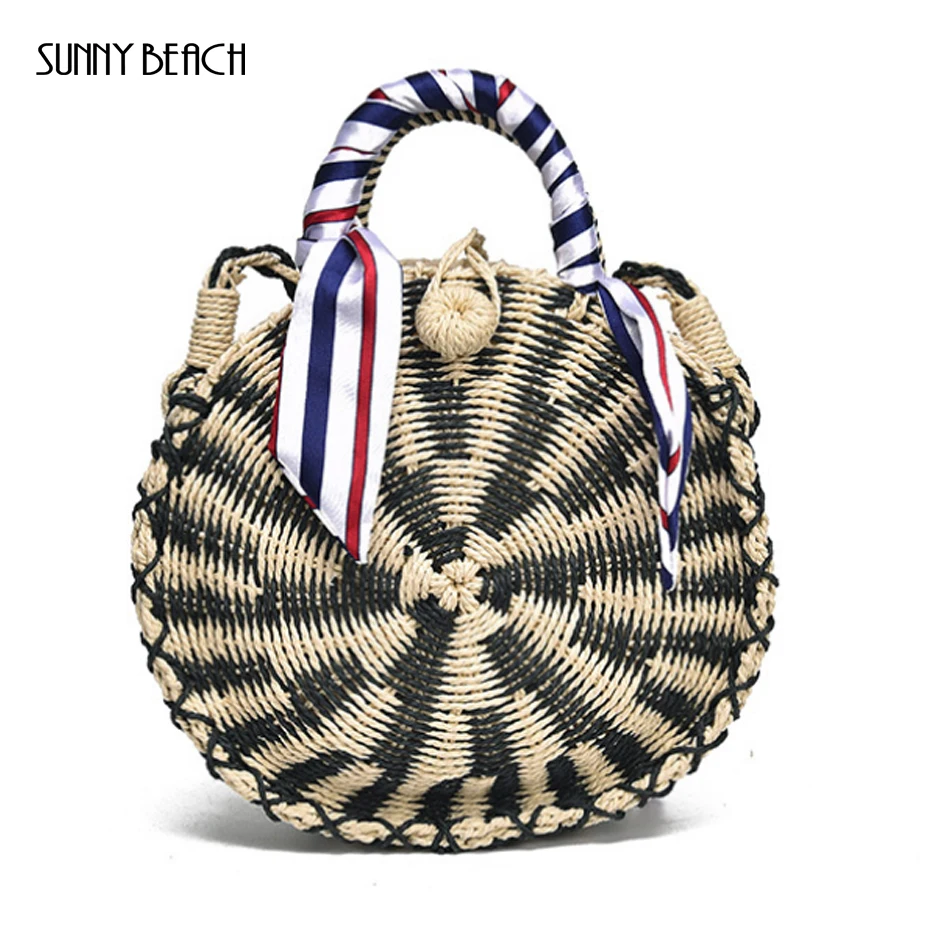 

SUNNY BEACH Round Straw Beach Bag Vintage Handmade Woven Shoulder Bag Raffia circle Rattan bags Bohemian Vacation Crossbody bags