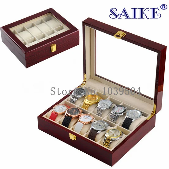 

Free Shipping10 Grids Watch Display Box Red High Light MDF Watch Boxes Fashion Watch Storage Box Piano Paint Jewel Gift Box W031