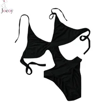 Women Black Halter Deep V Neck Front Statement Sexy Cut Out One Piece Swimsuit 2016 New Tied Back Bathing Suit Beach Swimwear