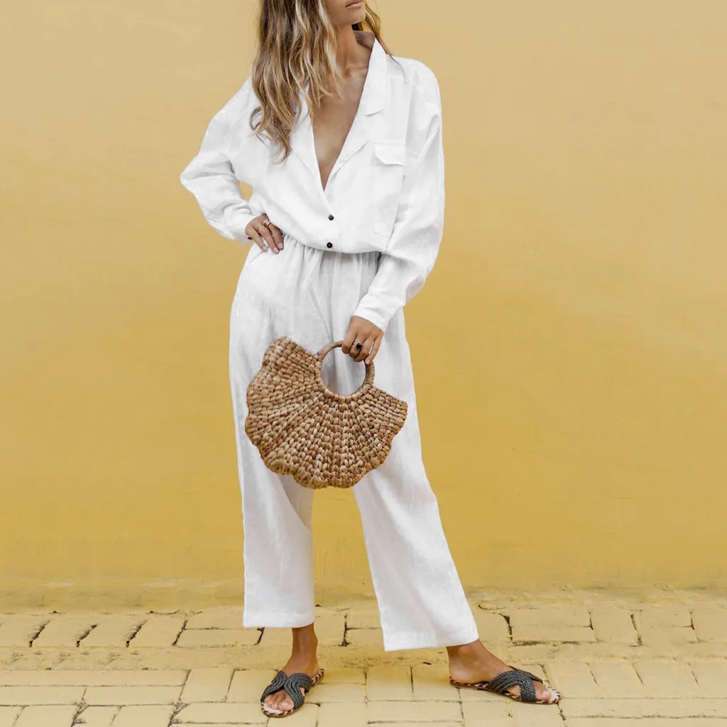 

Womail Set Women Loose Summer Solid Cotton Lapel Button Pocket Long Pants Temperament Suit Women Suits Office Sets May 27
