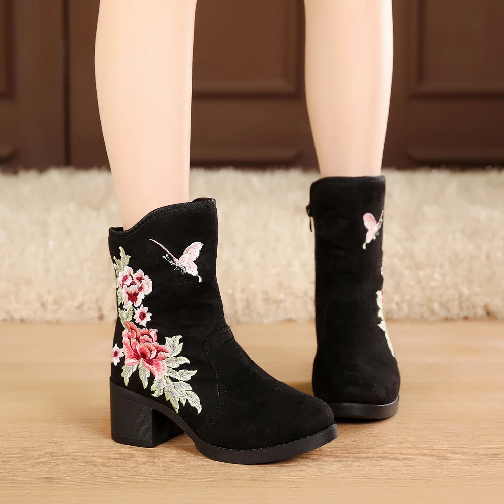 Винтажные женские зимние ботинки черного цвета с вышивкой в этническом китайском стиле; botas femininas De Inverno; женская обувь на резиновой подошве на толстом каблуке - Цвет: 1style
