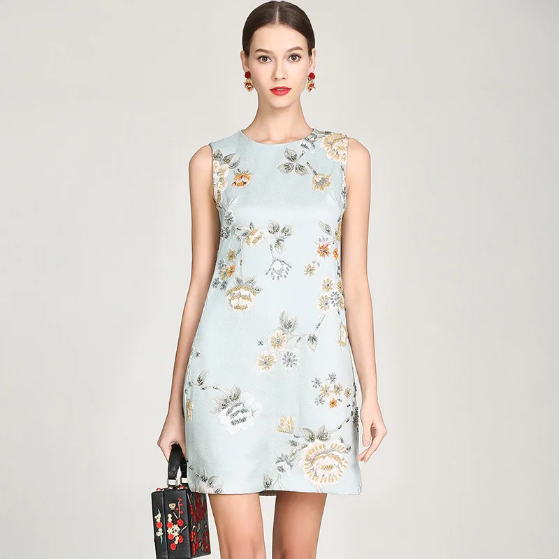 

2019 New Fashion Designer Runway Dress High Quality Women's Sleeveless Elegant Flower Beading Floral Printed Summer Short Dress