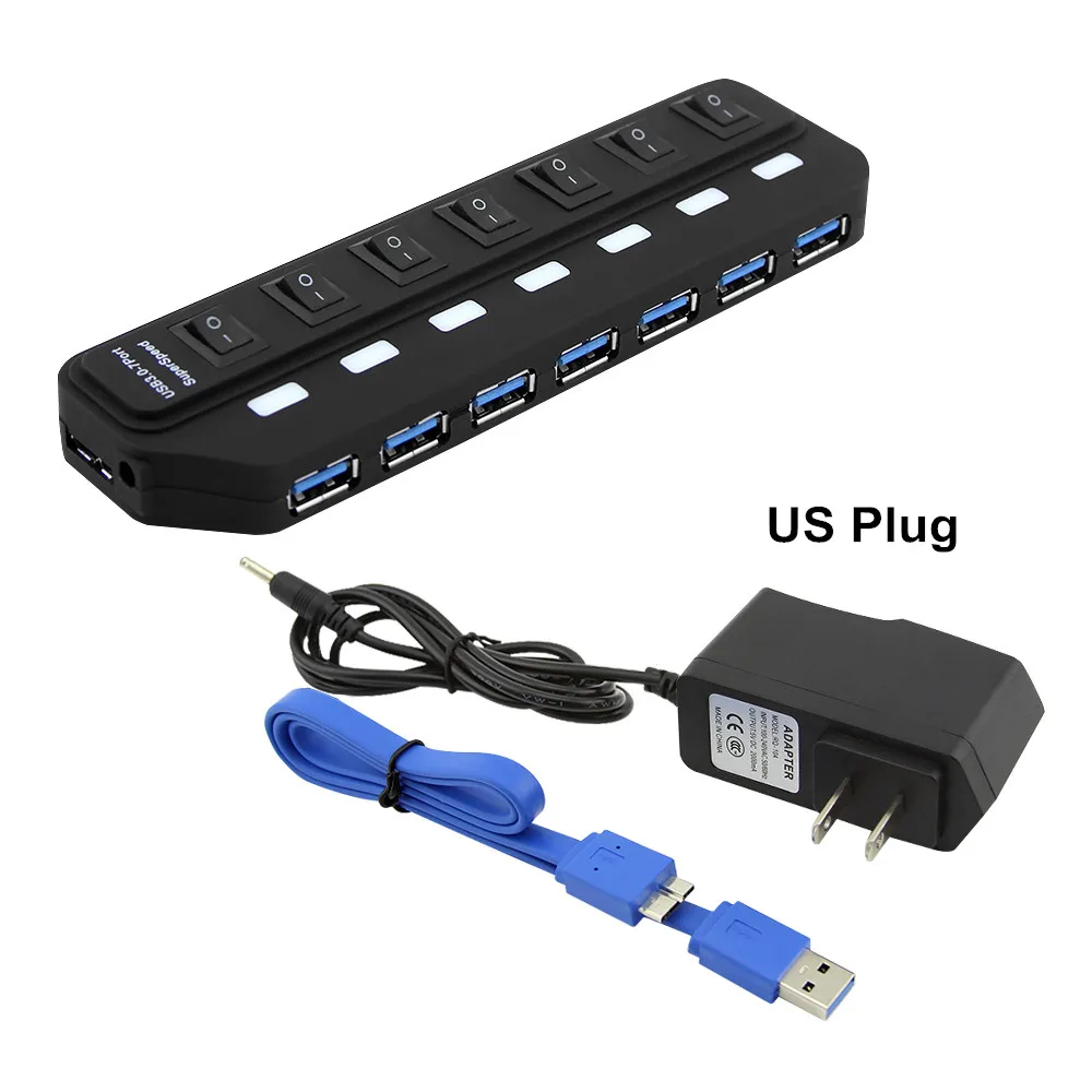 7 Порты и разъёмы usb-хаб 3,0 высокое Скорость USB 3,0 концентратор с EU/US/UK/AU Мощность адаптер Мульти USB разветвитель на переключатель включения/выключения для портативного компьютера - Цвет: with US adapter