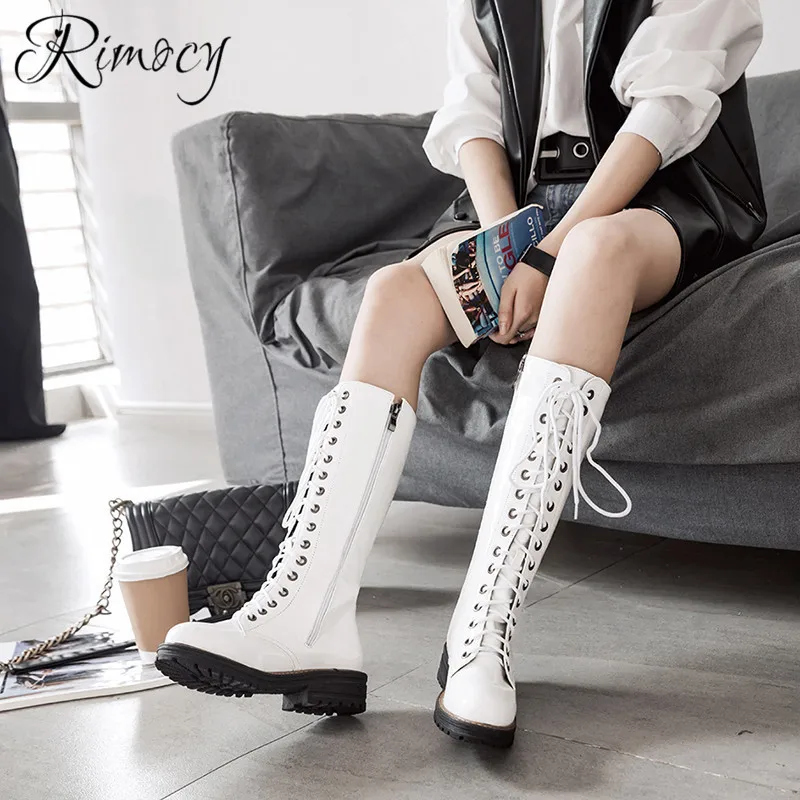

Rimocy 2018 winter boots women PU leather platform shoes woman med calf botas mujer cross tied plush inside square heel botines
