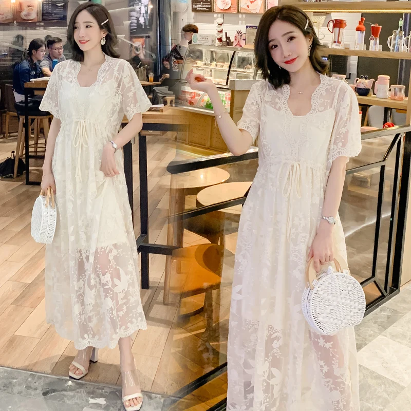 

2019 New Arrive Summer Maternity Dress Woman Elegant Lace Large Size Dress Pregnant Woman Large Dress Set MD-01160