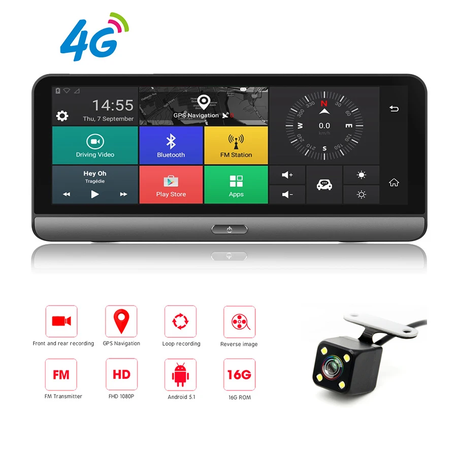 8 Inch 4G Wifi Android 5.1 Touch IPS Bluetooth Video Recorder Dash Cam FHD 1080P Dual Lens Navigati