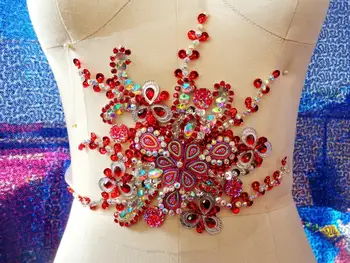 

Handmade crystal patches sew on Rhinestones red/clear AB colour applique with stones sequins beads 20*16cm for dress blet
