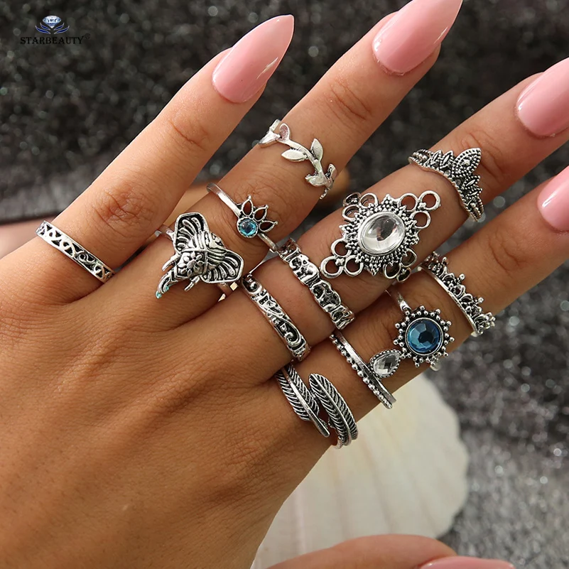 

12 pcs/lot Retro Leaf Blue Bijoux Elephant Finger Rings Men Toe Ring Set Wedding Ring Toe Rings for Women Piercing Body Jewelry
