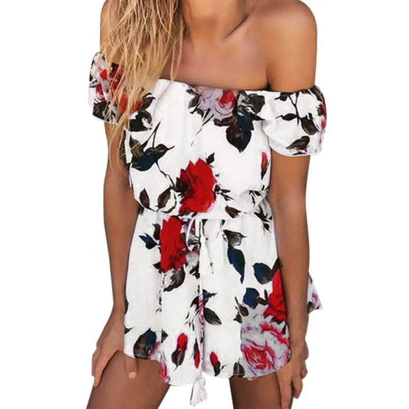 

Women Off Shoulder Beach Floral Prints Playsuit Clubwear Bodycon Romper Summer short pants wholesale#E0